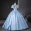 Elegant Sky Blue Beading Pearl Sequins Prom Dresses 2024 Ball Gown Scoop Neck Puffy Short Sleeve Backless Floor-Length / Long Prom Formal Dresses