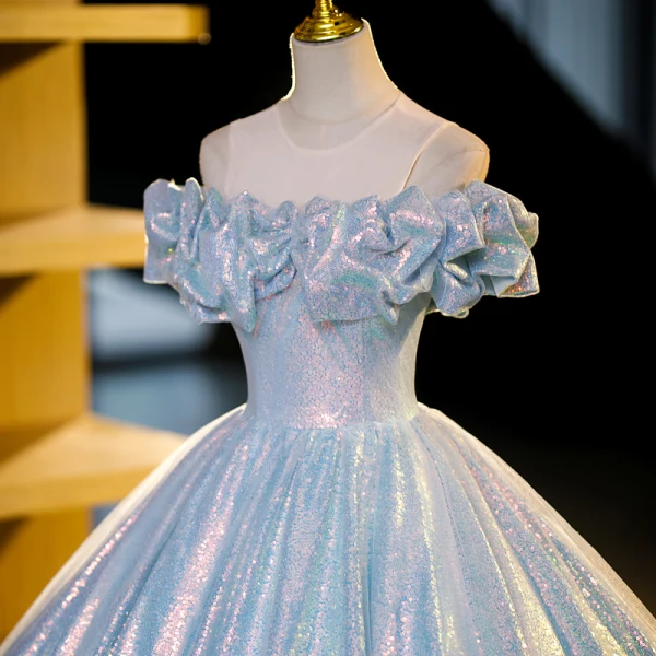 Sparkly Sky Blue Sequins Prom Dresses 2023 Ball Gown Scoop Neck Short Sleeve Backless Floor-Length / Long Prom Formal Dresses