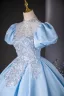 Elegant Sky Blue Beading Pearl Sequins Prom Dresses 2024 Ball Gown Scoop Neck Puffy Short Sleeve Backless Floor-Length / Long Prom Formal Dresses