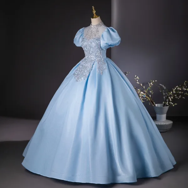 Elegant Sky Blue Beading Pearl Sequins Prom Dresses 2024 Ball Gown Scoop Neck Puffy Short Sleeve Backless Floor-Length / Long Prom Formal Dresses