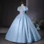 Elegant Sky Blue Beading Pearl Sequins Prom Dresses 2024 Ball Gown Scoop Neck Puffy Short Sleeve Backless Floor-Length / Long Prom Formal Dresses