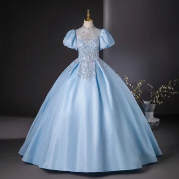 Elegant Sky Blue Beading Pearl Sequins Prom Dresses 2024 Ball Gown Scoop Neck Puffy Short Sleeve Backless Floor Length Long Prom Formal Dresses