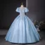 Elegant Sky Blue Beading Pearl Sequins Prom Dresses 2024 Ball Gown Scoop Neck Puffy Short Sleeve Backless Floor-Length / Long Prom Formal Dresses
