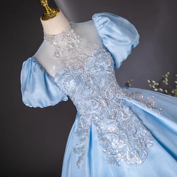 Elegant Sky Blue Beading Pearl Sequins Prom Dresses 2024 Ball Gown Scoop Neck Puffy Short Sleeve Backless Floor-Length / Long Prom Formal Dresses
