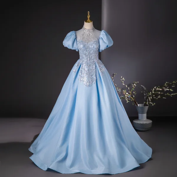 Elegant Sky Blue Beading Pearl Sequins Prom Dresses 2024 Ball Gown Scoop Neck Puffy Short Sleeve Backless Floor-Length / Long Prom Formal Dresses