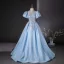 Elegant Sky Blue Beading Pearl Sequins Prom Dresses 2024 Ball Gown Scoop Neck Puffy Short Sleeve Backless Floor-Length / Long Prom Formal Dresses