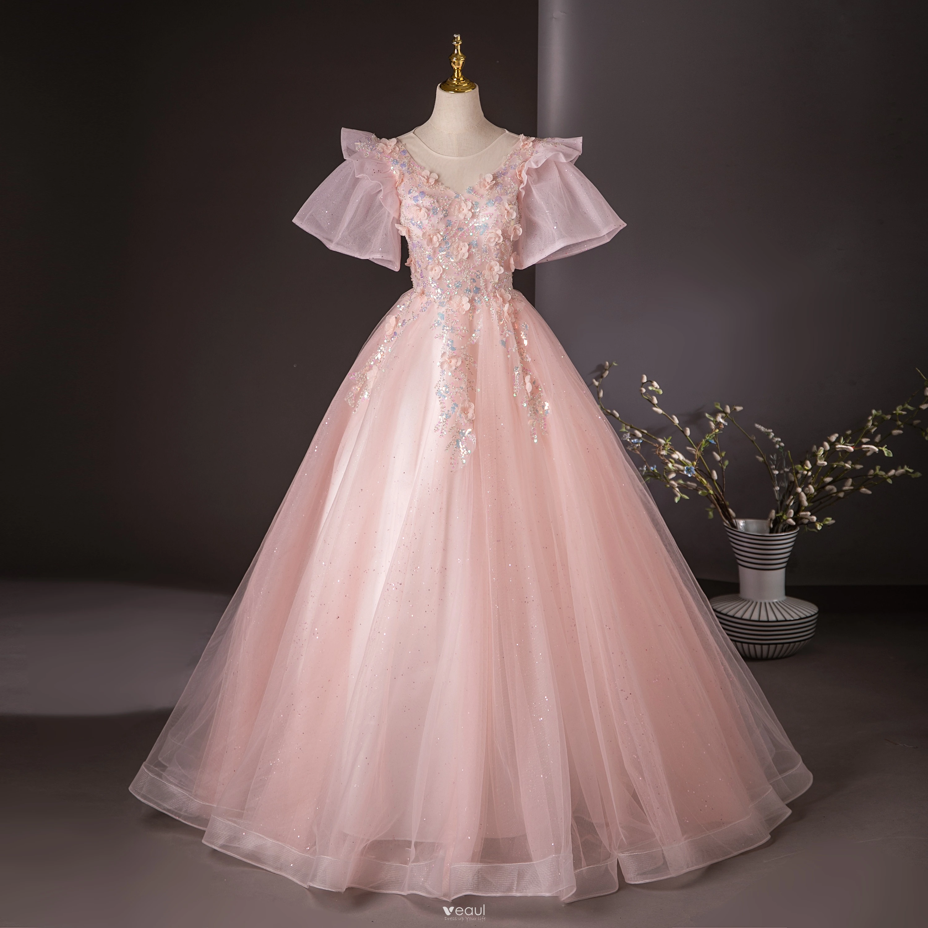 Pink Long Sleeve Scoop Beading Prom Formal Dress Pink Long Sleeve Scoop Beading Prom Formal Dress
