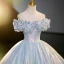 Sparkly Sky Blue Sequins Prom Dresses 2023 Ball Gown Scoop Neck Short Sleeve Backless Floor-Length / Long Prom Formal Dresses