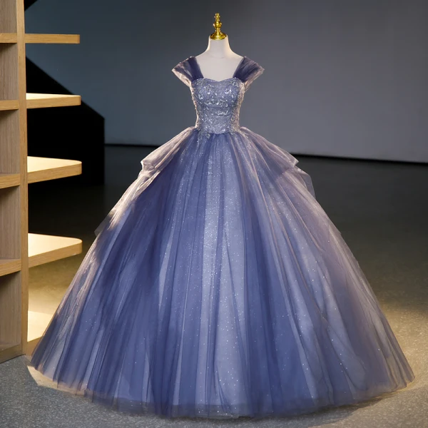Charming Ocean Blue Beading Sequins Prom Dresses 2023 Ball Gown Off-The-Shoulder Sleeveless Backless Floor-Length / Long Prom Formal Dresses