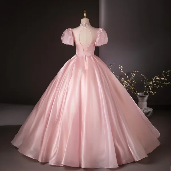 Elegant Sky Blue Beading Pearl Sequins Prom Dresses 2024 Ball Gown Scoop Neck Puffy Short Sleeve Backless Floor-Length / Long Prom Formal Dresses