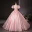 Elegant Sky Blue Beading Pearl Sequins Prom Dresses 2024 Ball Gown Scoop Neck Puffy Short Sleeve Backless Floor-Length / Long Prom Formal Dresses