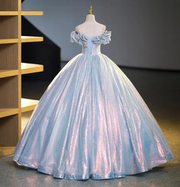 Sparkly Sky Blue Sequins Prom Dresses 2023 Ball Gown Scoop Neck Short Sleeve Backless Floor-Length / Long Prom Formal Dresses