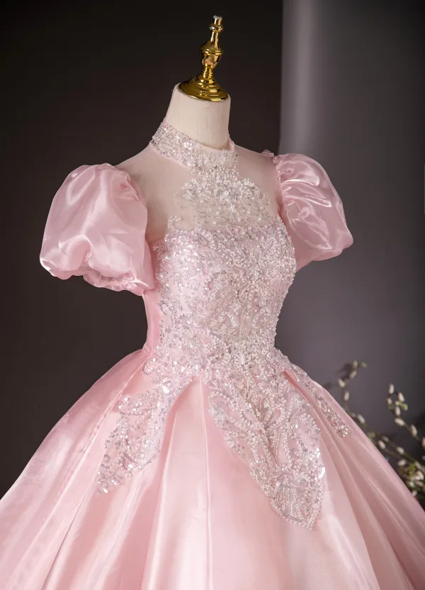Elegant Sky Blue Beading Pearl Sequins Prom Dresses 2024 Ball Gown Scoop Neck Puffy Short Sleeve Backless Floor-Length / Long Prom Formal Dresses