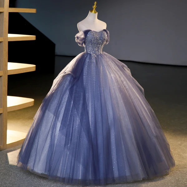 Charming Ocean Blue Beading Sequins Prom Dresses 2023 Ball Gown Off-The-Shoulder Sleeveless Backless Floor-Length / Long Prom Formal Dresses