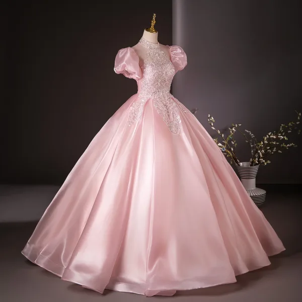Elegant Sky Blue Beading Pearl Sequins Prom Dresses 2024 Ball Gown Scoop Neck Puffy Short Sleeve Backless Floor-Length / Long Prom Formal Dresses