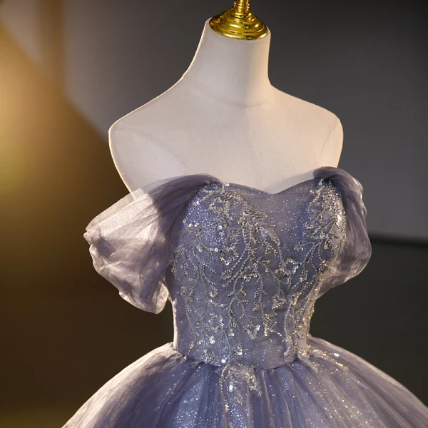 Charming Ocean Blue Beading Sequins Prom Dresses 2023 Ball Gown Off-The-Shoulder Sleeveless Backless Floor-Length / Long Prom Formal Dresses