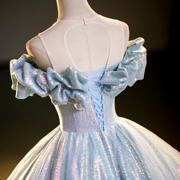 Sparkly Sky Blue Sequins Prom Dresses 2023 Ball Gown Scoop Neck Short Sleeve Backless Floor-Length / Long Prom Formal Dresses