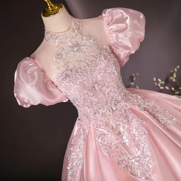 Elegant Sky Blue Beading Pearl Sequins Prom Dresses 2024 Ball Gown Scoop Neck Puffy Short Sleeve Backless Floor-Length / Long Prom Formal Dresses