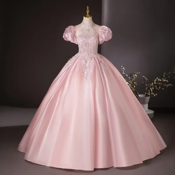 Elegant Sky Blue Beading Pearl Sequins Prom Dresses 2024 Ball Gown Scoop Neck Puffy Short Sleeve Backless Floor-Length / Long Prom Formal Dresses