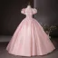 Elegant Sky Blue Beading Pearl Sequins Prom Dresses 2024 Ball Gown Scoop Neck Puffy Short Sleeve Backless Floor-Length / Long Prom Formal Dresses