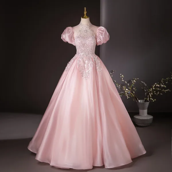 Elegant Sky Blue Beading Pearl Sequins Prom Dresses 2024 Ball Gown Scoop Neck Puffy Short Sleeve Backless Floor-Length / Long Prom Formal Dresses