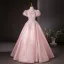 Elegant Sky Blue Beading Pearl Sequins Prom Dresses 2024 Ball Gown Scoop Neck Puffy Short Sleeve Backless Floor-Length / Long Prom Formal Dresses