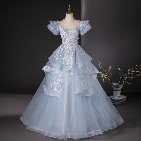 Flower Fairy Sky Blue Beading Sequins Lace Flower Appliques Prom Dresses 2024 Ball Gown Scoop Neck Puffy Short Sleeve Backless Floor-Length / Long Prom