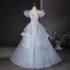 Flower Fairy Sky Blue Beading Sequins Lace Flower Appliques Prom Dresses 2024 Ball Gown Scoop Neck Puffy Short Sleeve Backless Floor-Length / Long Prom