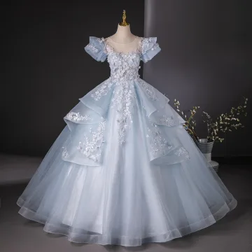 Fée Des Fleurs Bleu Ciel Perlage Paillettes En Dentelle Fleur Appliques Robe De Bal 2024 Robe Boule Encolure Dégagée Gonflée Manches Courtes Dos Nu Longue Promo