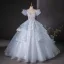 Flower Fairy Sky Blue Beading Sequins Lace Flower Appliques Prom Dresses 2024 Ball Gown Scoop Neck Puffy Short Sleeve Backless Floor-Length / Long Prom