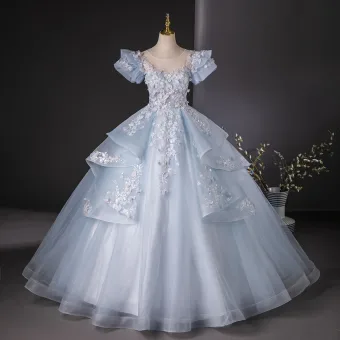 Hada De Las Flores Azul Cielo Rebordear Lentejuelas Con Encaje Flor Apliques Vestidos De Gala 2024 Ball Gown Scoop Escote Hinchado Manga Corta Sin Espalda Largos Gala