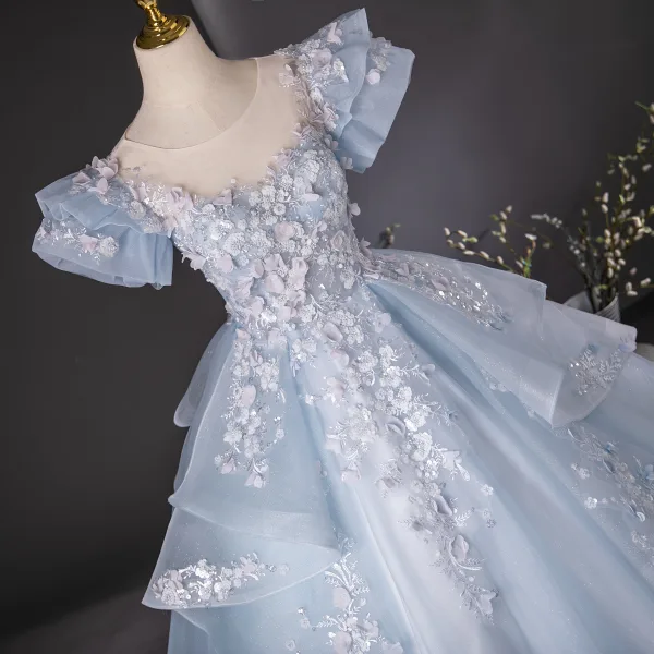Flower Fairy Sky Blue Beading Sequins Lace Flower Appliques Prom Dresses 2024 Ball Gown Scoop Neck Puffy Short Sleeve Backless Floor-Length / Long Prom