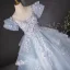 Flower Fairy Sky Blue Beading Sequins Lace Flower Appliques Prom Dresses 2024 Ball Gown Scoop Neck Puffy Short Sleeve Backless Floor-Length / Long Prom