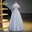Sparkly Sky Blue Sequins Prom Dresses 2023 Ball Gown Scoop Neck Short Sleeve Backless Floor-Length / Long Prom Formal Dresses