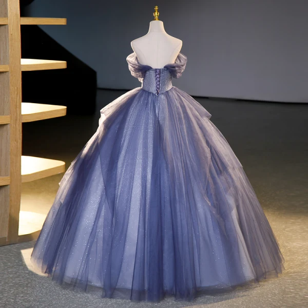 Charming Ocean Blue Beading Sequins Prom Dresses 2023 Ball Gown Off-The-Shoulder Sleeveless Backless Floor-Length / Long Prom Formal Dresses