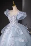 Flower Fairy Sky Blue Beading Sequins Lace Flower Appliques Prom Dresses 2024 Ball Gown Scoop Neck Puffy Short Sleeve Backless Floor-Length / Long Prom