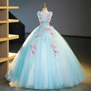 Fée Des Fleurs Vert Citron Perlage En Dentelle Fleur Robe De Bal 2023 Robe Boule Encolure Dégagée Sans Manches Dos Nu Longue Promo Robe De Ceremonie