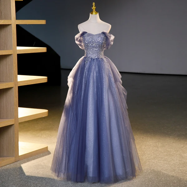 Charming Ocean Blue Beading Sequins Prom Dresses 2023 Ball Gown Off-The-Shoulder Sleeveless Backless Floor-Length / Long Prom Formal Dresses