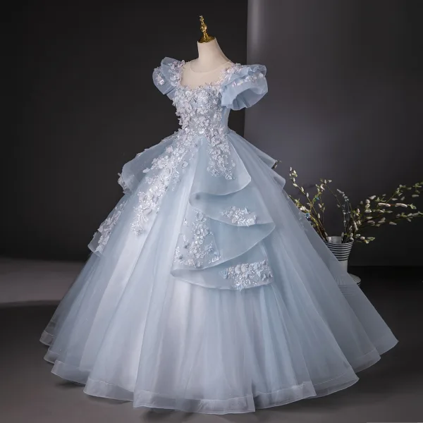 Flower Fairy Sky Blue Beading Sequins Lace Flower Appliques Prom Dresses 2024 Ball Gown Scoop Neck Puffy Short Sleeve Backless Floor-Length / Long Prom