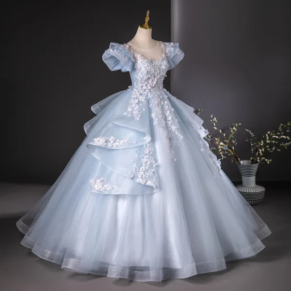 Flower Fairy Sky Blue Beading Sequins Lace Flower Appliques Prom Dresses 2024 Ball Gown Scoop Neck Puffy Short Sleeve Backless Floor-Length / Long Prom