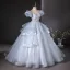 Flower Fairy Sky Blue Beading Sequins Lace Flower Appliques Prom Dresses 2024 Ball Gown Scoop Neck Puffy Short Sleeve Backless Floor-Length / Long Prom