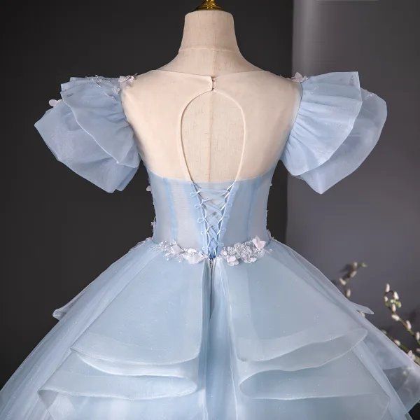 Flower Fairy Sky Blue Beading Sequins Lace Flower Appliques Prom Dresses 2024 Ball Gown Scoop Neck Puffy Short Sleeve Backless Floor-Length / Long Prom