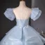 Flower Fairy Sky Blue Beading Sequins Lace Flower Appliques Prom Dresses 2024 Ball Gown Scoop Neck Puffy Short Sleeve Backless Floor-Length / Long Prom