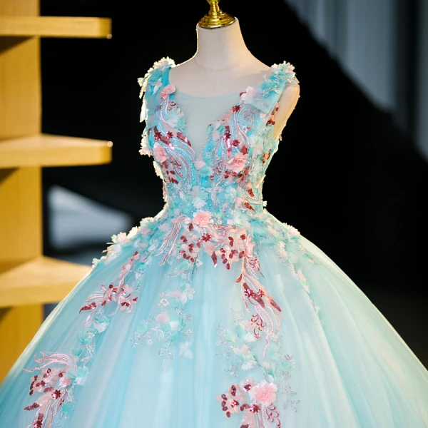 Flower Fairy Mint Green Beading Lace Flower Prom Dresses 2023 Ball Gown Scoop Neck Sleeveless Backless Floor-Length / Long Prom Formal Dresses