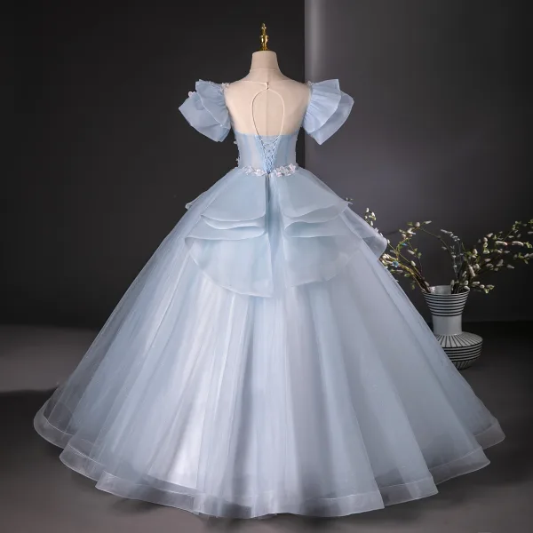 Flower Fairy Sky Blue Beading Sequins Lace Flower Appliques Prom Dresses 2024 Ball Gown Scoop Neck Puffy Short Sleeve Backless Floor-Length / Long Prom