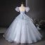 Flower Fairy Sky Blue Beading Sequins Lace Flower Appliques Prom Dresses 2024 Ball Gown Scoop Neck Puffy Short Sleeve Backless Floor-Length / Long Prom