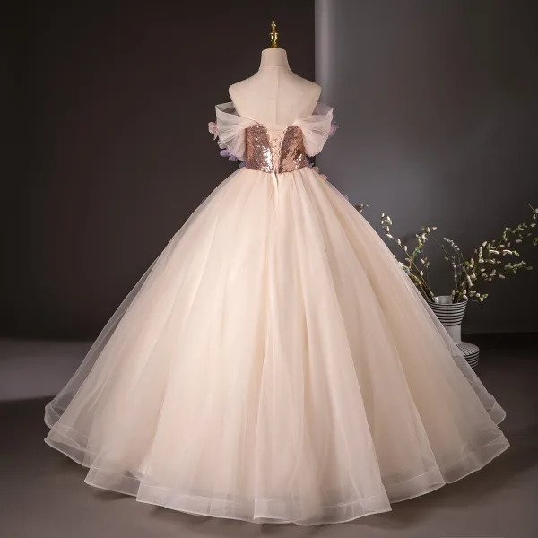Elegant Champagne Appliques Sequins Prom Dresses 2024 Ball Gown Off-The-Shoulder Short Sleeve Backless Floor-Length / Long Prom Formal Dresses