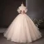 Elegant Champagne Appliques Sequins Prom Dresses 2024 Ball Gown Off-The-Shoulder Short Sleeve Backless Floor-Length / Long Prom Formal Dresses