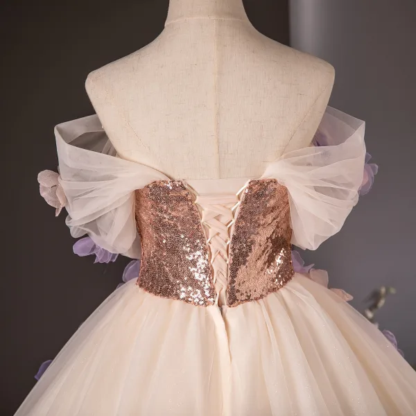 Elegant Champagne Appliques Sequins Prom Dresses 2024 Ball Gown Off-The-Shoulder Short Sleeve Backless Floor-Length / Long Prom Formal Dresses