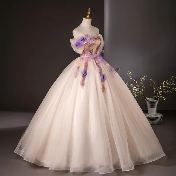 Elegant Champagne Appliques Sequins Prom Dresses 2024 Ball Gown Off-The-Shoulder Short Sleeve Backless Floor-Length / Long Prom Formal Dresses